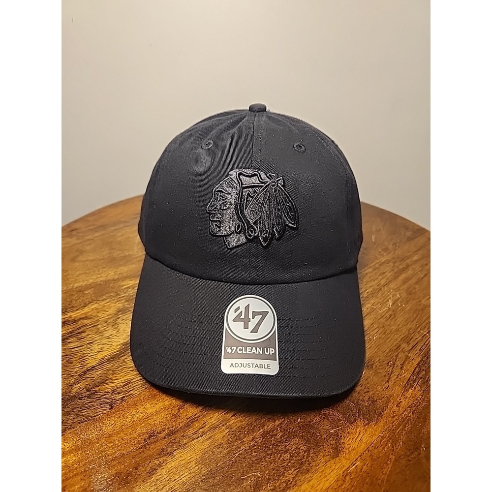 '47 Brand Chicago Blackhawks Clean Up Hat Cap Adjustable Strapback Blackout NHL